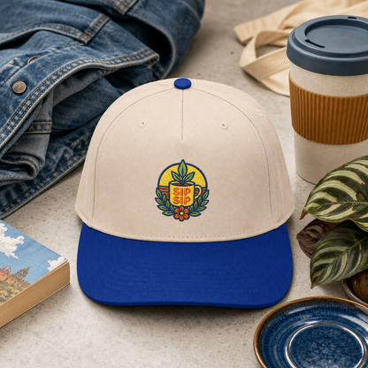Sip Sip Coffee Plant embroidered hat in royal and natural styled with a weekend cafe outfit