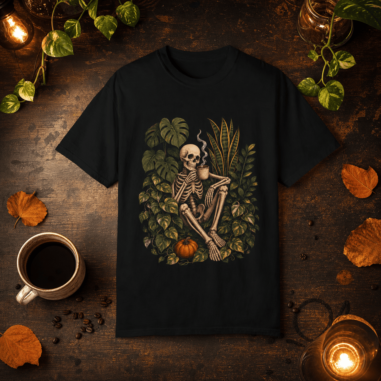 Skeleton Coffee Jungle T-Shirt in a Halloween fall botanical flat lay