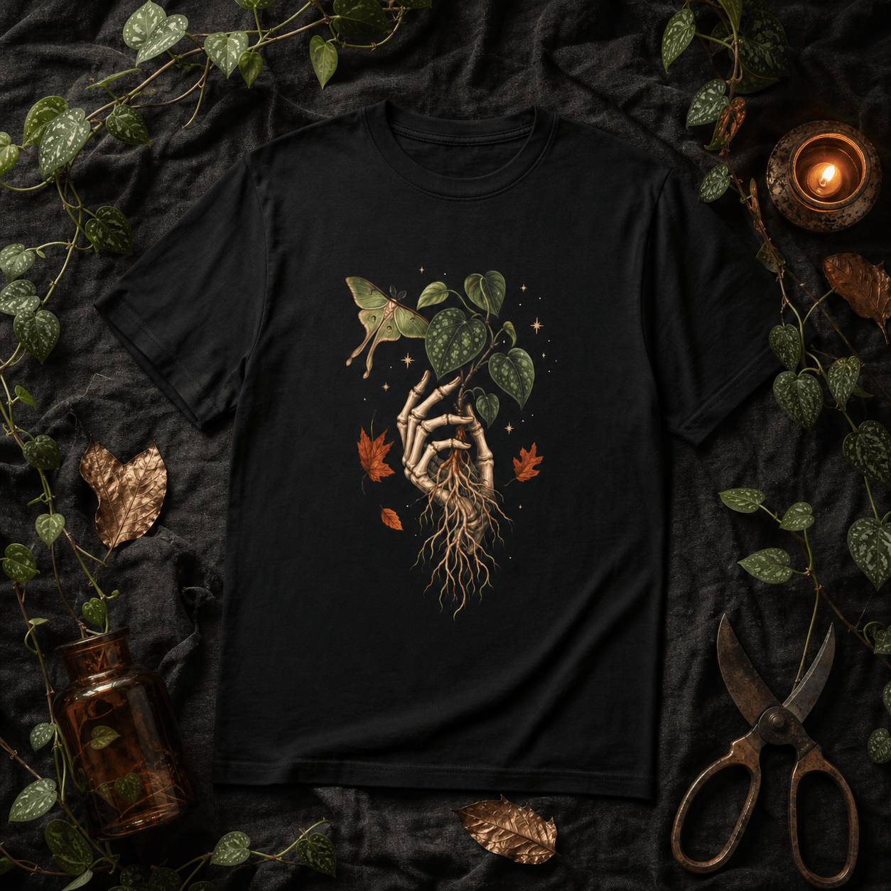 Skeleton Hand Hoya T-Shirt in a Halloween fall botanical flat lay