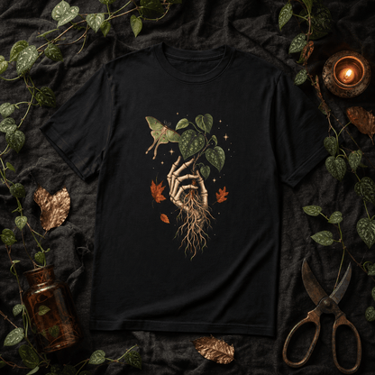 Skeleton Hand Hoya T-Shirt in a Halloween fall botanical flat lay