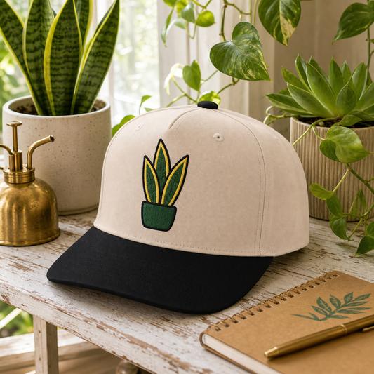 Snake Plant Club embroidered hat in Black / Natural on a plant shelf