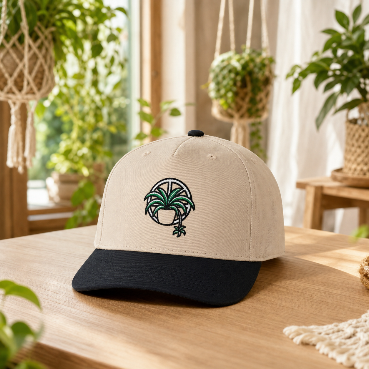 Web of Roots Spider Plant embroidered hat in Black / Natural