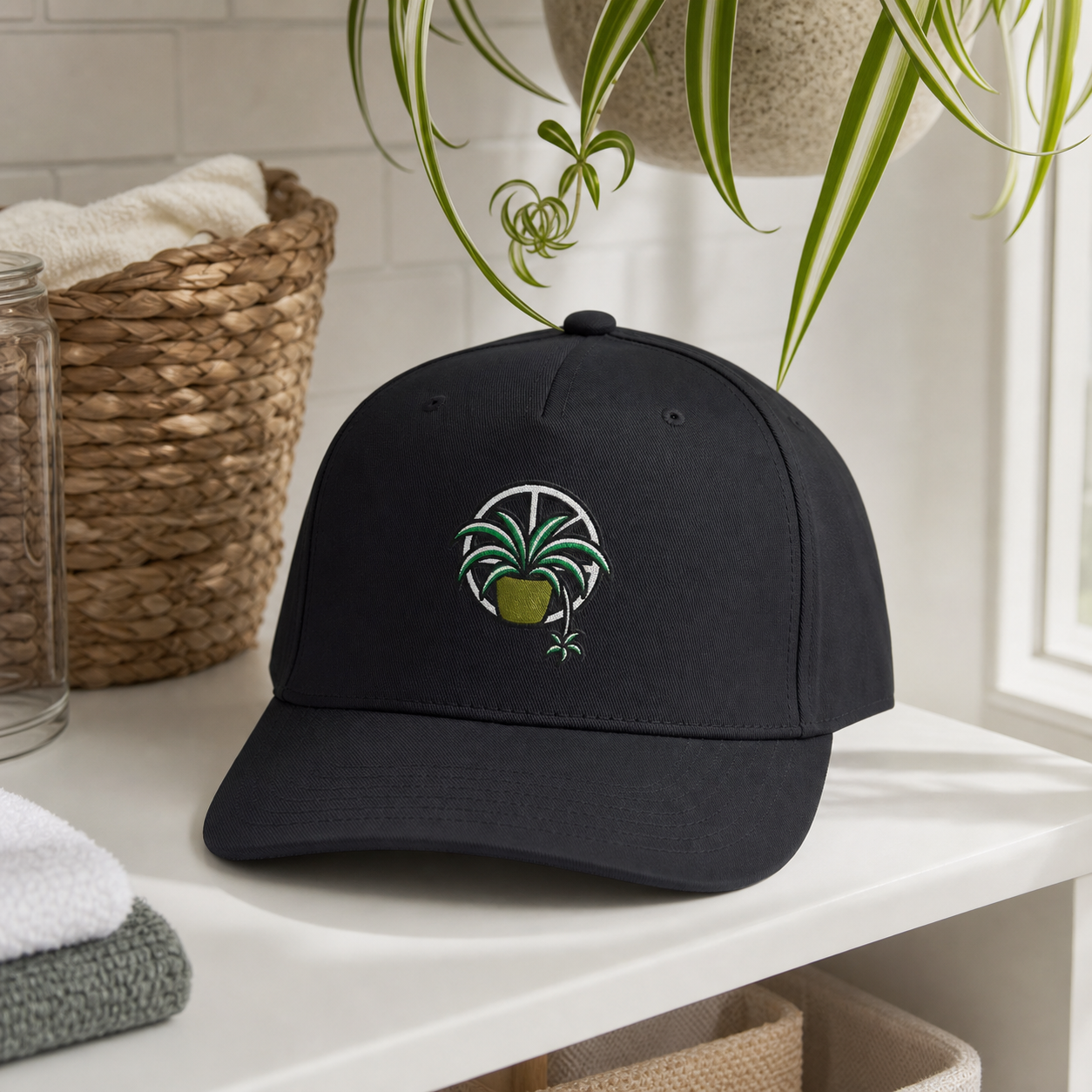 Web of Roots Spider Plant embroidered hat in Black