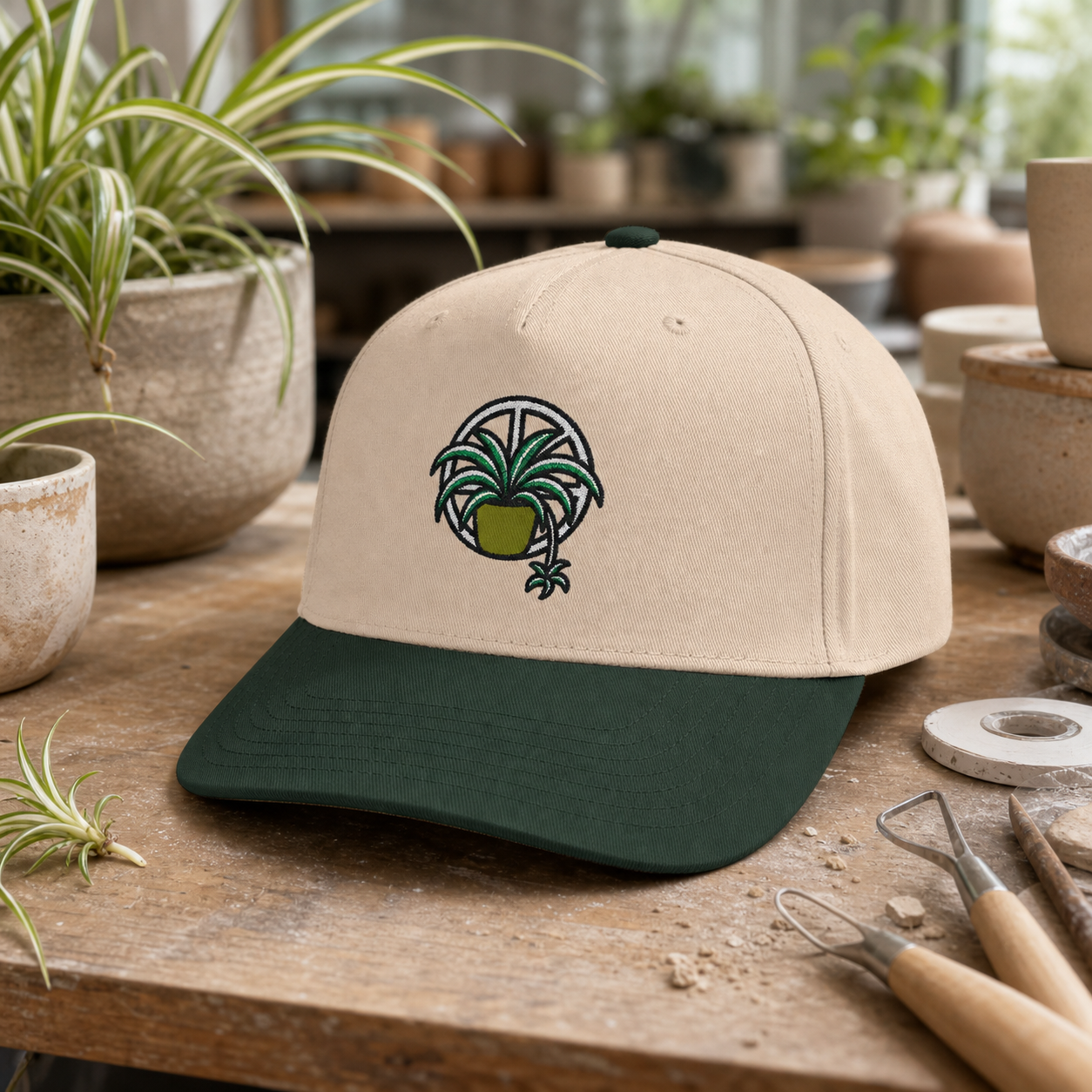 Web of Roots Spider Plant embroidered hat in Dark Green / Natural