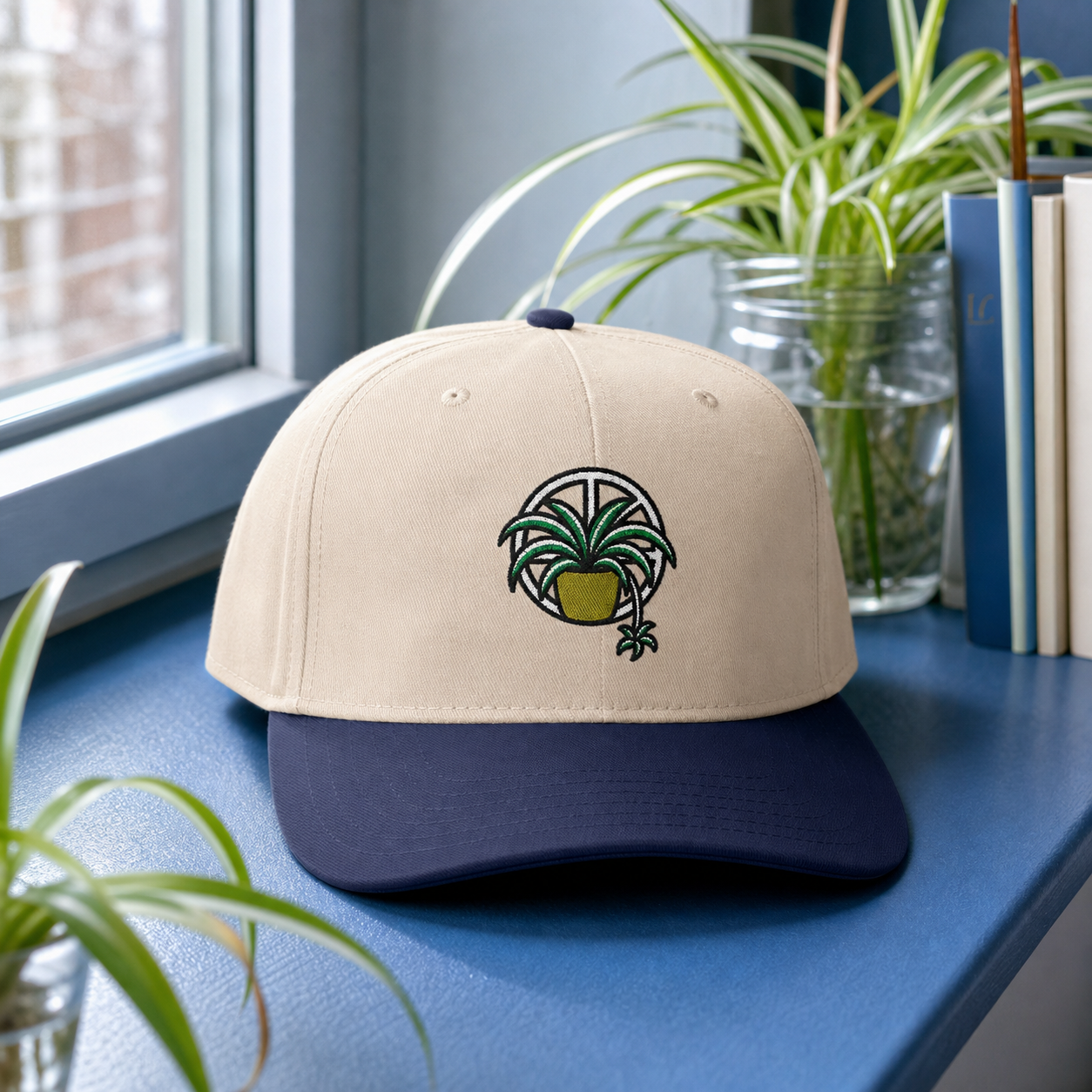 Web of Roots Spider Plant embroidered hat in Navy / Natural