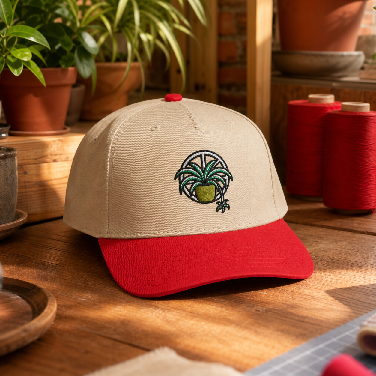 Web of Roots Spider Plant embroidered hat in Red / Natural