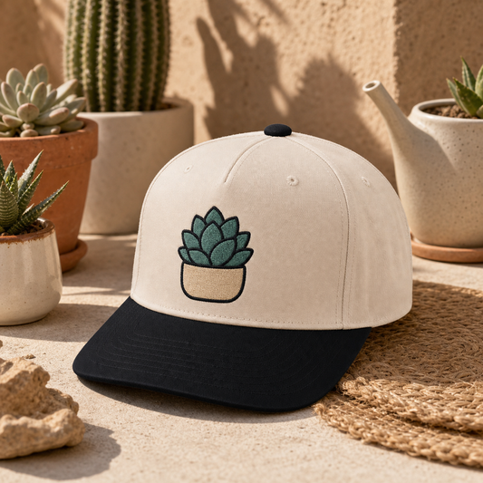 Succulent Rosette embroidered hat in Black / Natural on a desert patio table