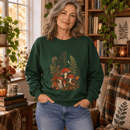 BotanicalVibes Sweatshirt Autumn Mushroom Fern Sweatshirt - Woodland Botanical Art