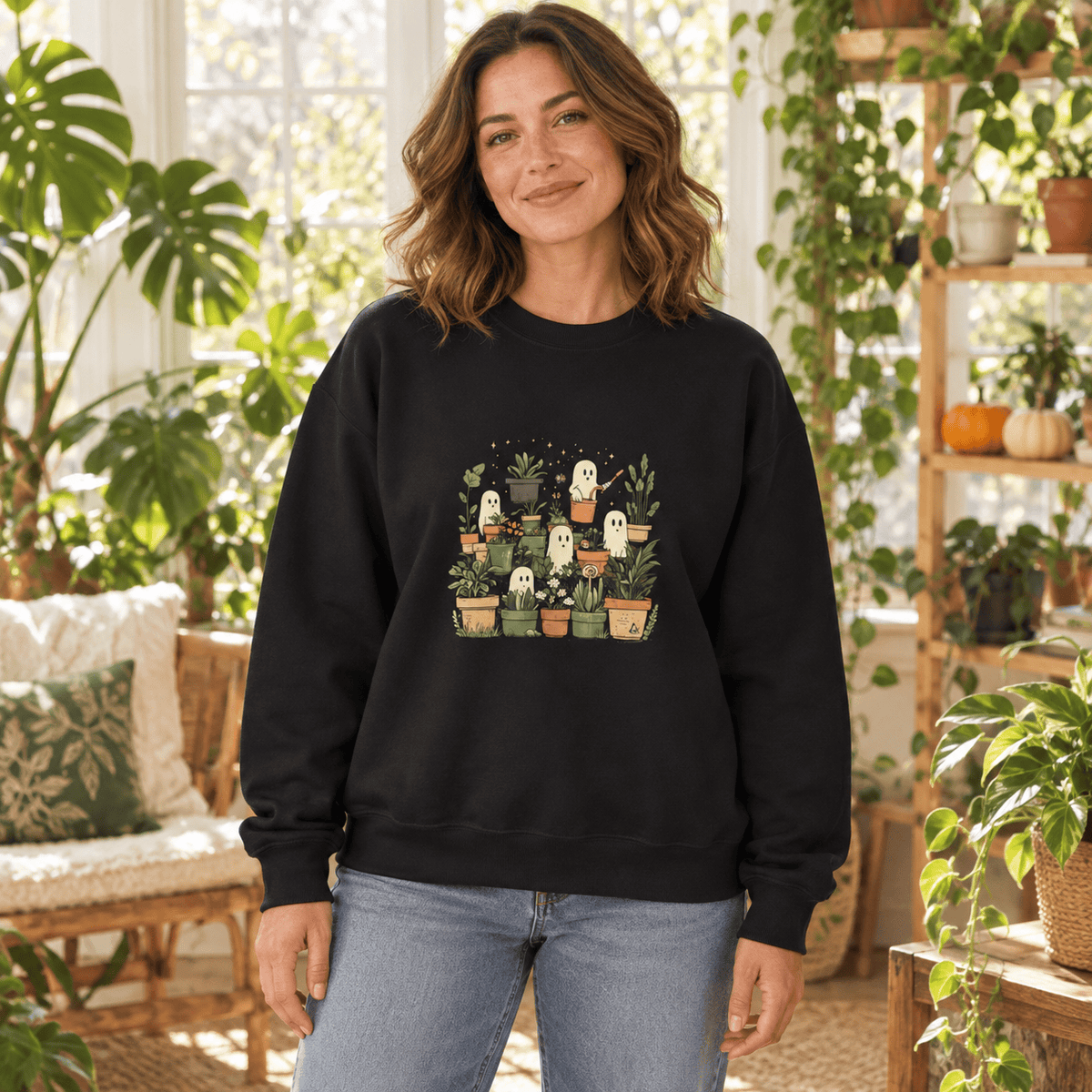 BotanicalVibes Sweatshirt Ghostly Greenery Sweatshirt - Halloween Houseplants