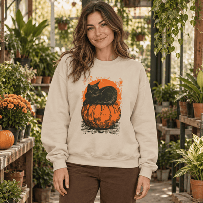 BotanicalVibes Sweatshirt Moonlit Black Cat & Pumpkin Sweatshirt - Halloween Art