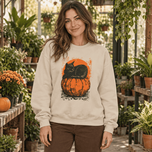 BotanicalVibes Sweatshirt Moonlit Black Cat & Pumpkin Sweatshirt - Halloween Art