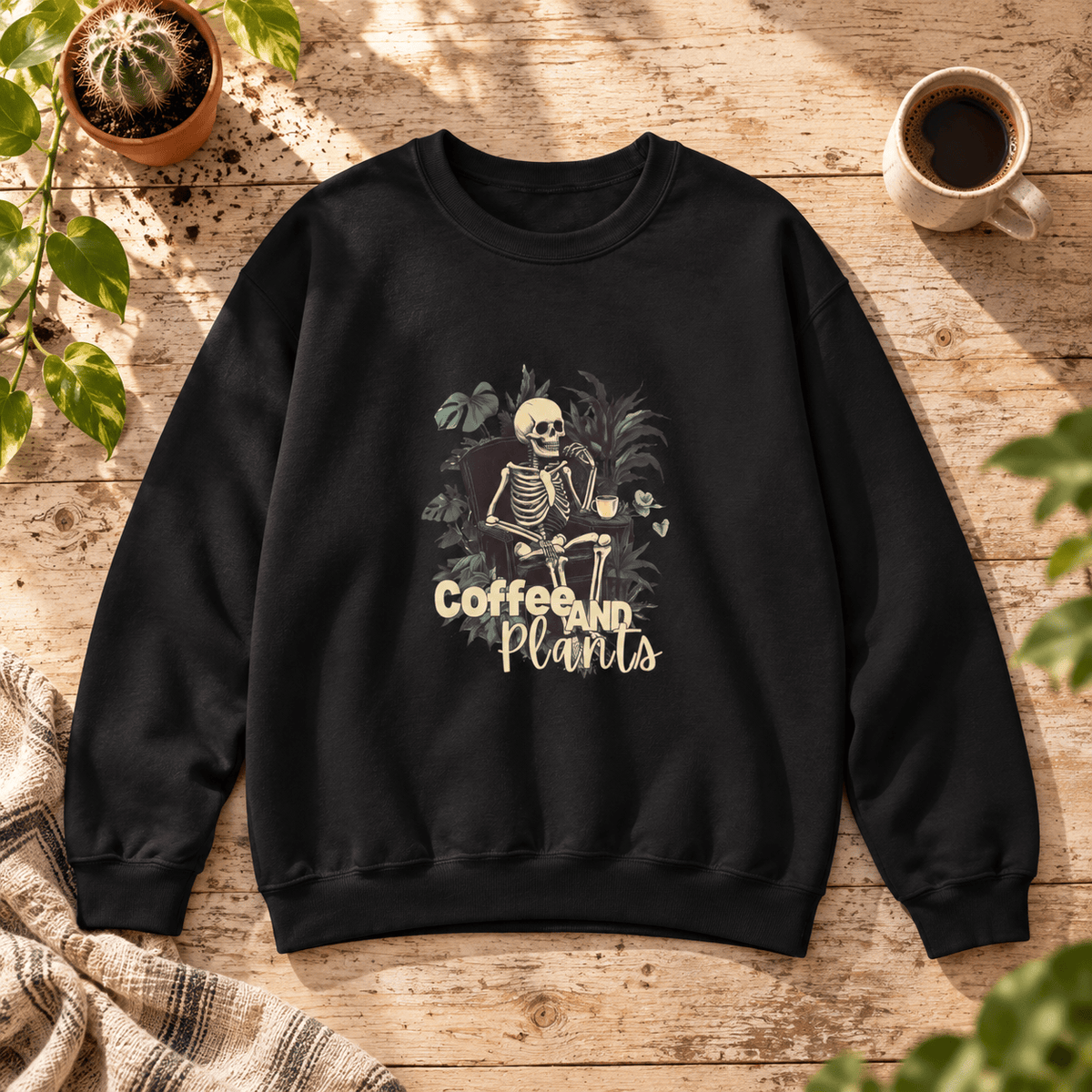 BotanicalVibes Sweatshirt S / Black Coffee and Plants Skeleton Sweatshirt - Armchair Graphic