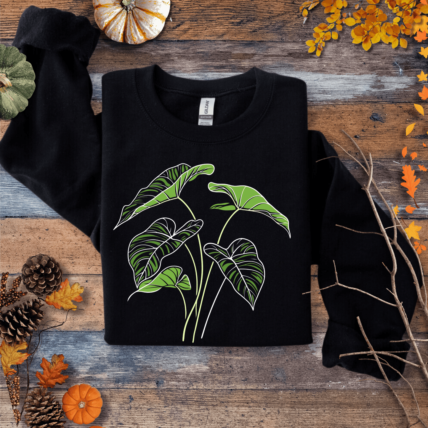 Printify Sweatshirt S / Black Elephant Ear Plant Art Crewneck – Botanical Sweater | Unisex Fleece