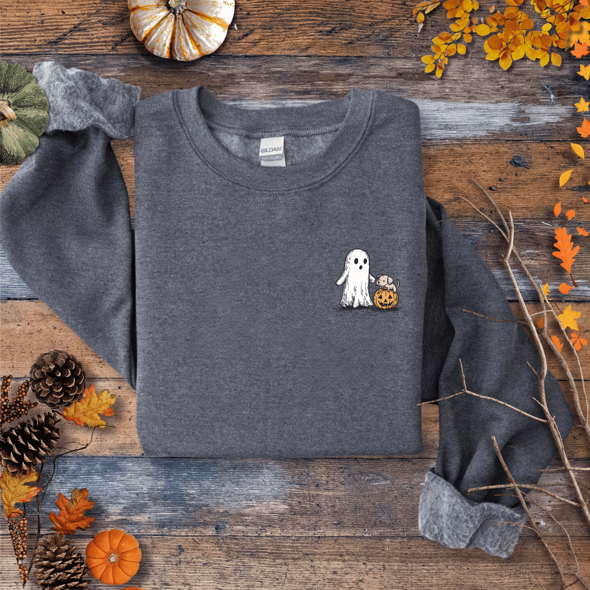 Printify Sweatshirt S / Dark Heather Cute Ghost Dog Pumpkin Halloween Sweatshirt – Cozy Unisex