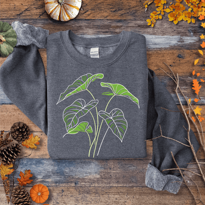 Printify Sweatshirt S / Dark Heather Elephant Ear Plant Art Crewneck – Botanical Sweater | Unisex Fleece