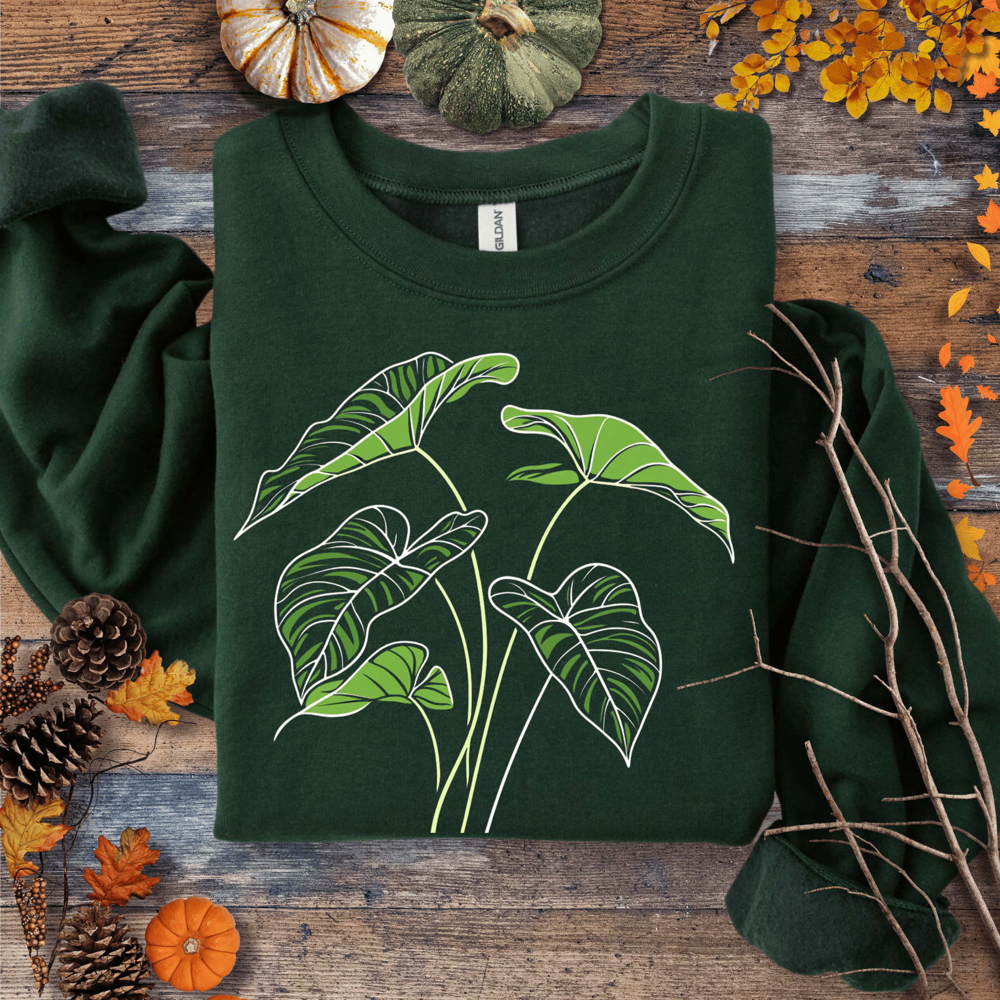 Printify Sweatshirt S / Forest Green Elephant Ear Plant Art Crewneck – Botanical Sweater | Unisex Fleece