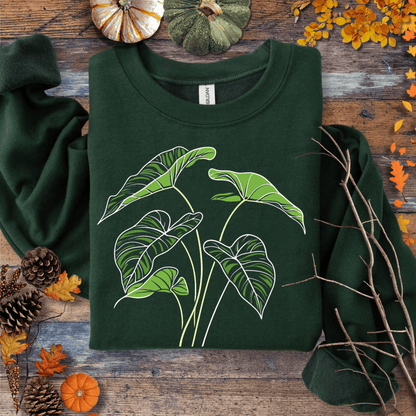 Printify Sweatshirt S / Forest Green Elephant Ear Plant Art Crewneck – Botanical Sweater | Unisex Fleece