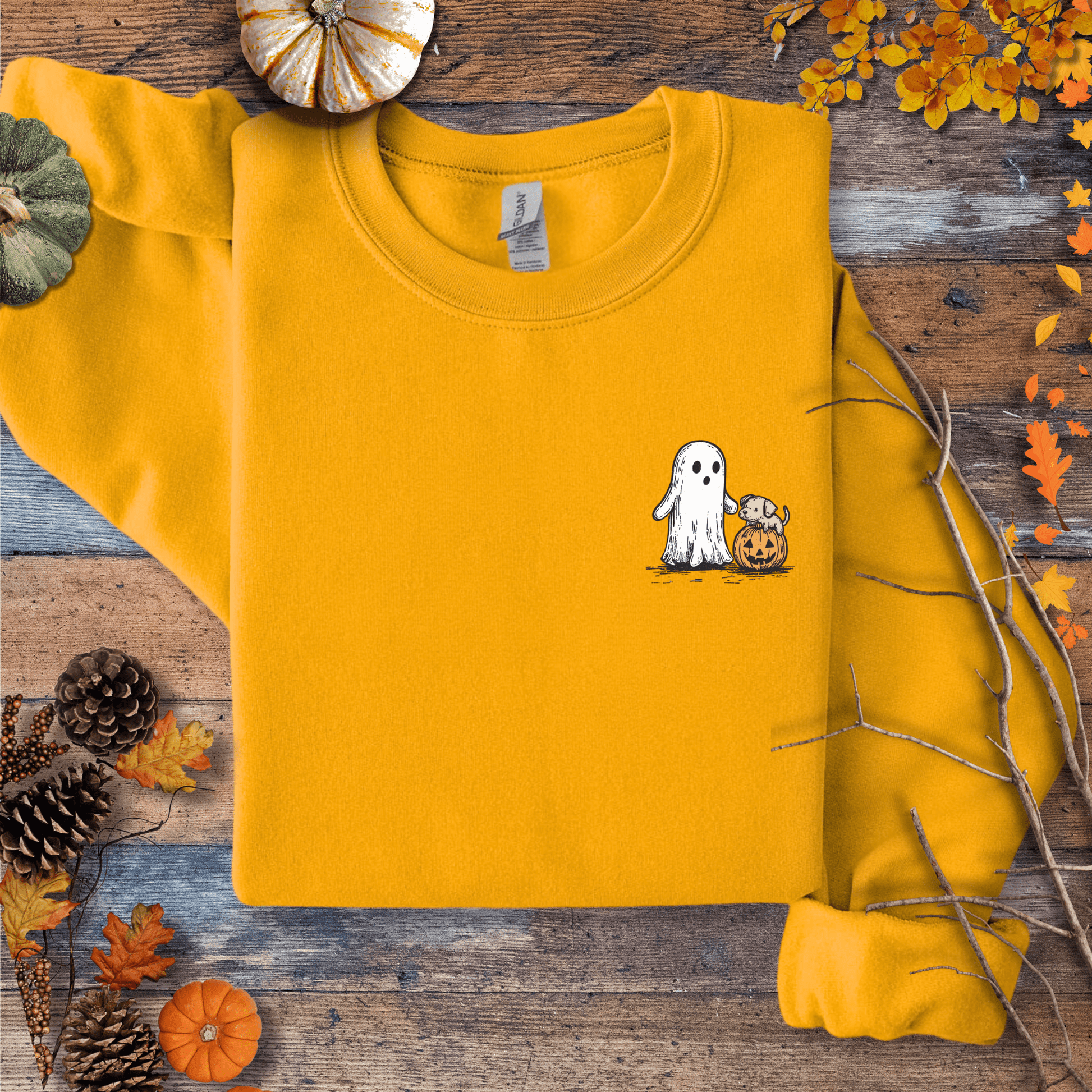 Printify Sweatshirt S / Gold Cute Ghost Dog Pumpkin Halloween Sweatshirt – Cozy Unisex