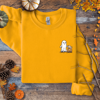 Printify Sweatshirt S / Gold Cute Ghost Dog Pumpkin Halloween Sweatshirt – Cozy Unisex