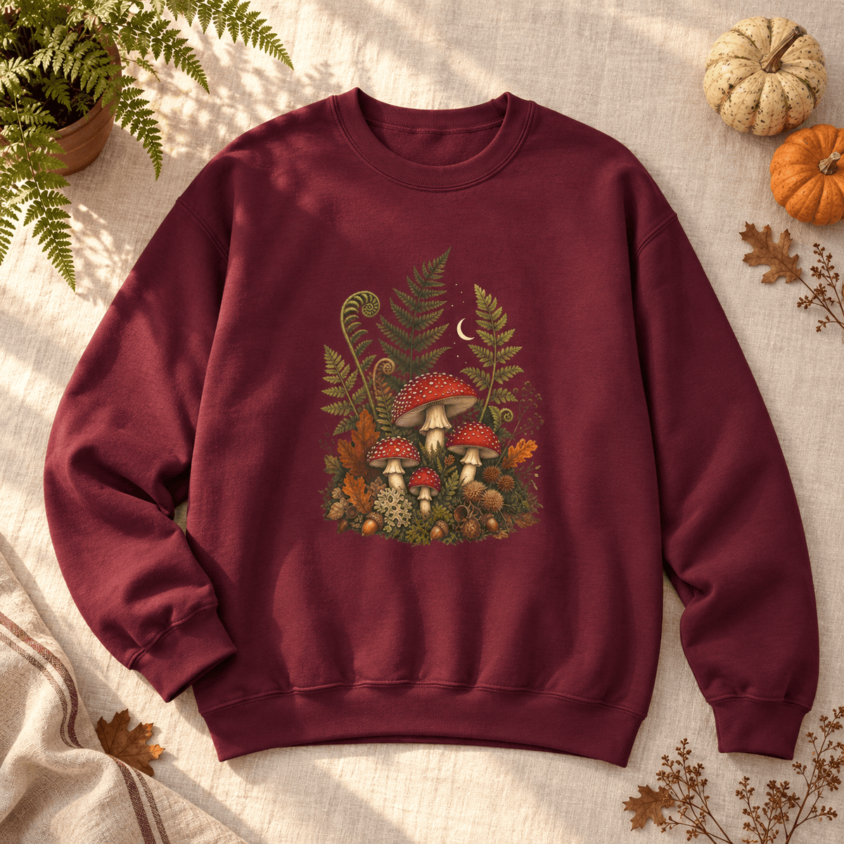 BotanicalVibes Sweatshirt S / Maroon Autumn Mushroom Fern Sweatshirt - Woodland Botanical Art