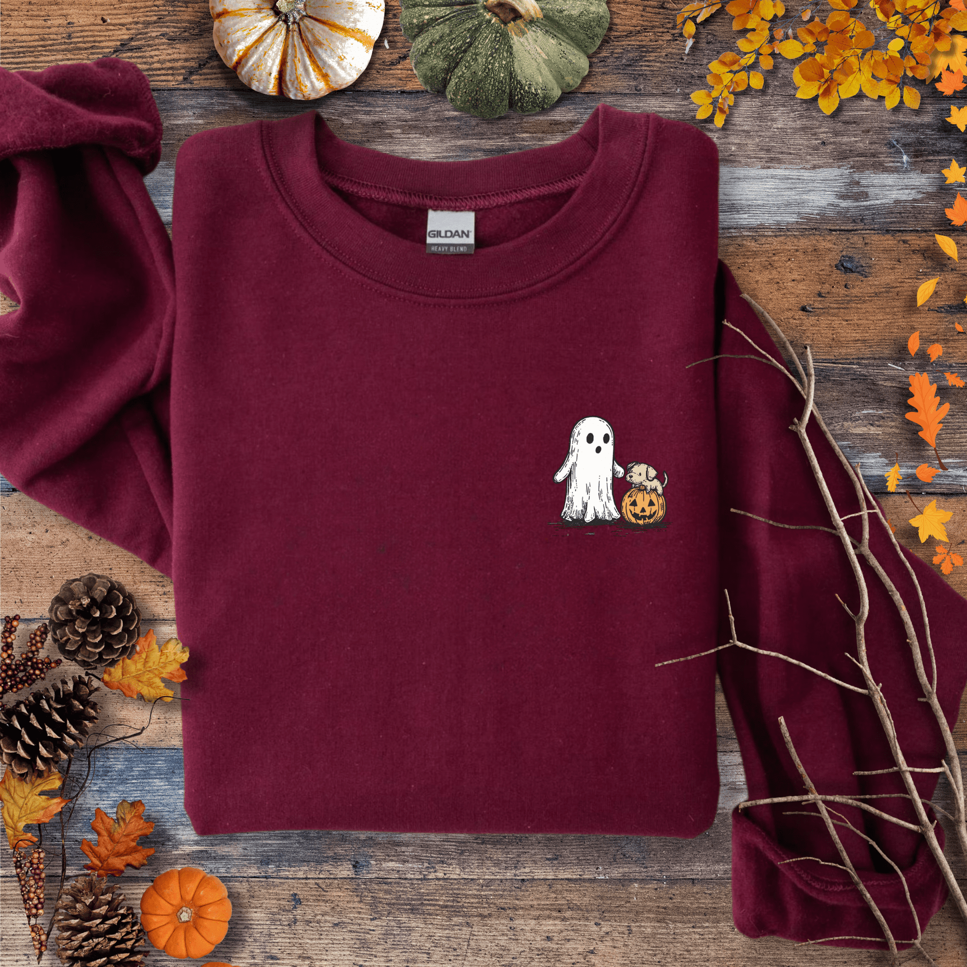 Printify Sweatshirt S / Maroon Cute Ghost Dog Pumpkin Halloween Sweatshirt – Cozy Unisex