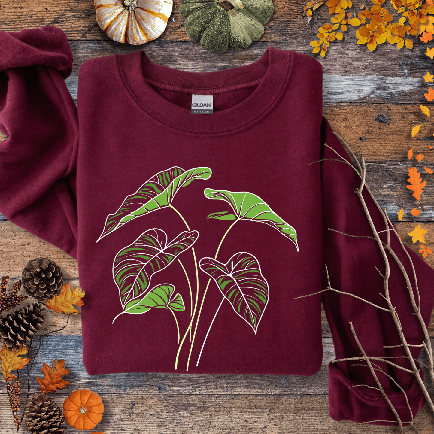 Printify Sweatshirt S / Maroon Elephant Ear Plant Art Crewneck – Botanical Sweater | Unisex Fleece