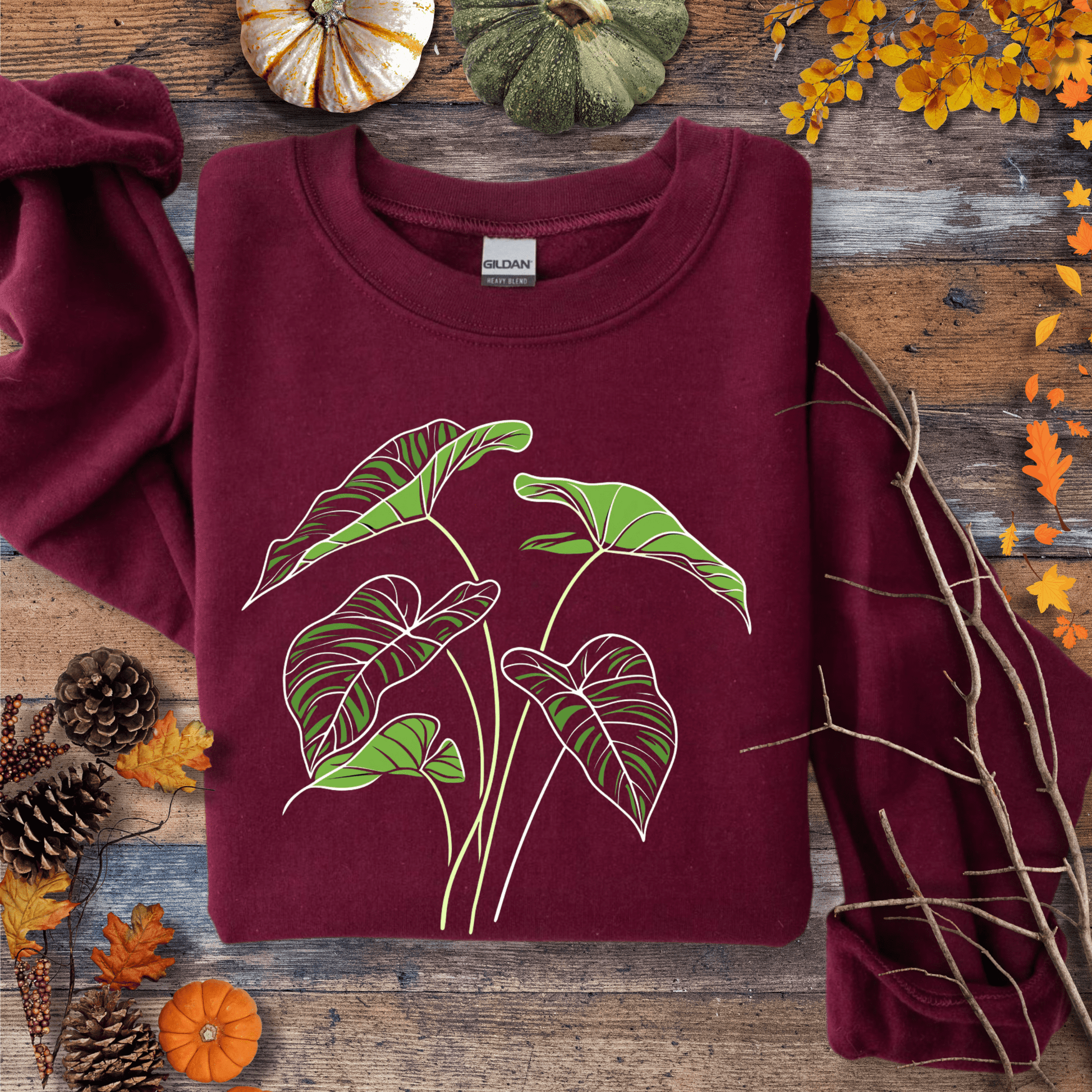 Printify Sweatshirt S / Maroon Elephant Ear Plant Art Crewneck – Botanical Sweater | Unisex Fleece