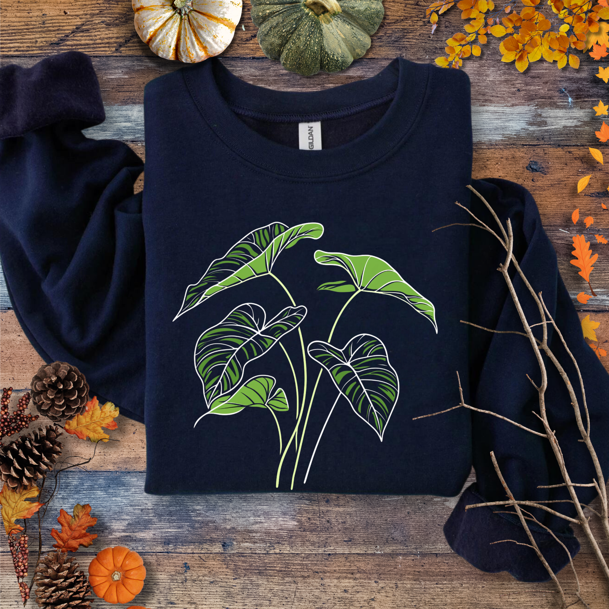 Printify Sweatshirt S / Navy Elephant Ear Plant Art Crewneck – Botanical Sweater | Unisex Fleece