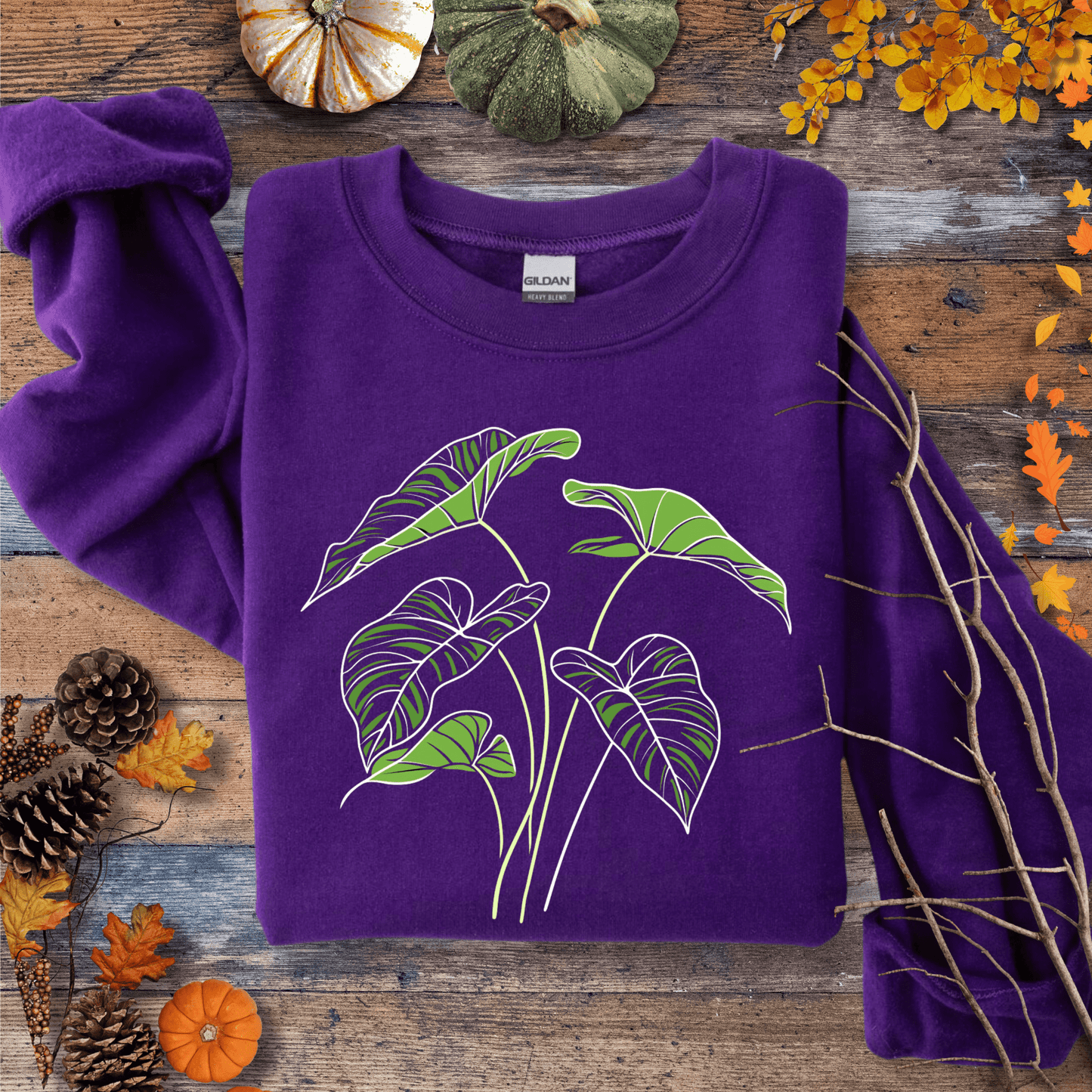 Printify Sweatshirt S / Purple Elephant Ear Plant Art Crewneck – Botanical Sweater | Unisex Fleece