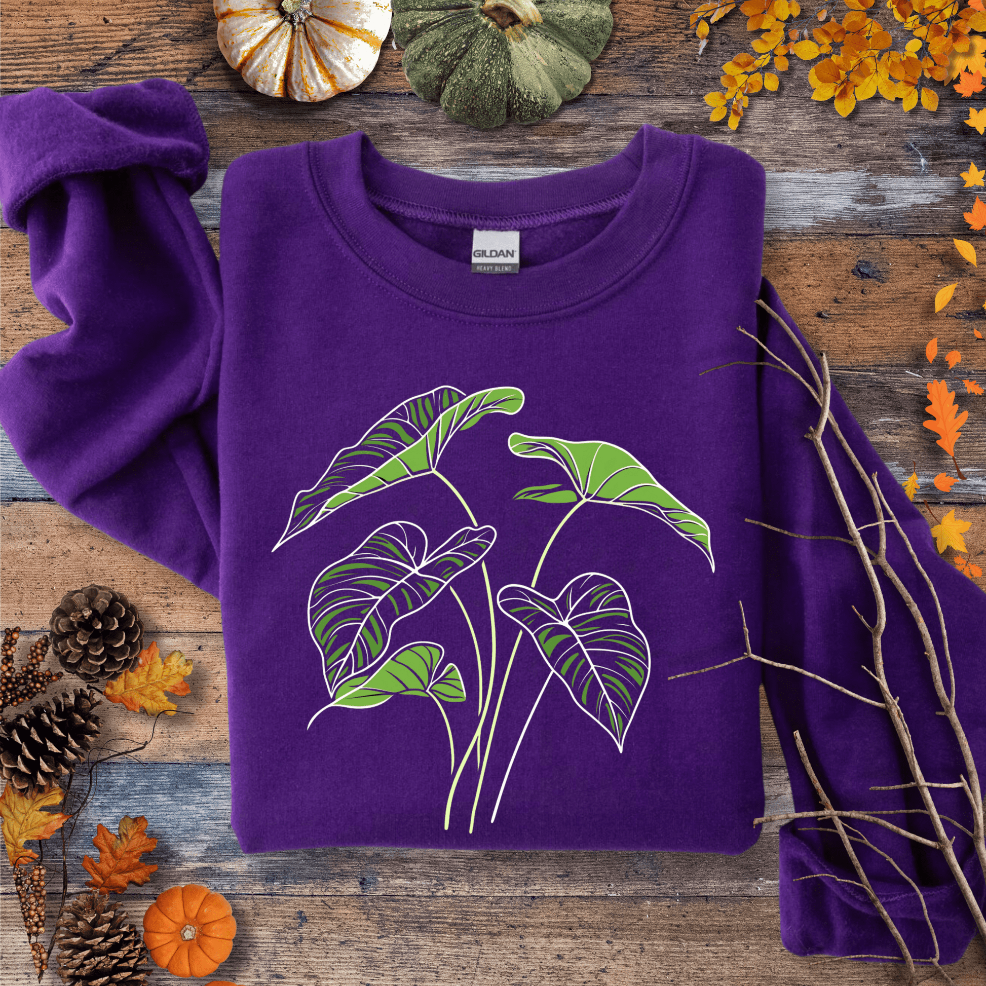 Printify Sweatshirt S / Purple Elephant Ear Plant Art Crewneck – Botanical Sweater | Unisex Fleece