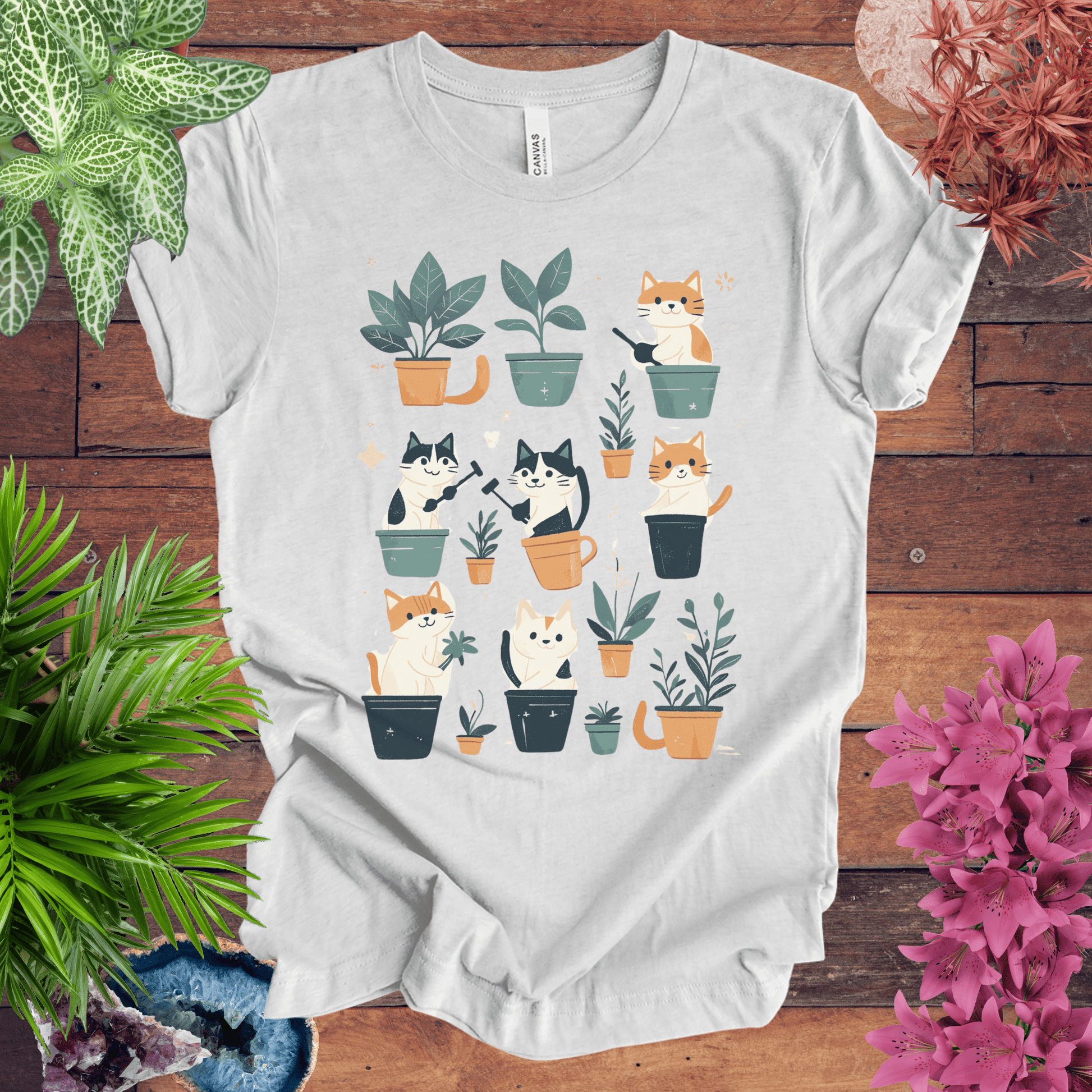 Printify T-Shirt Ash / S Curious Cats and Houseplants T-Shirt