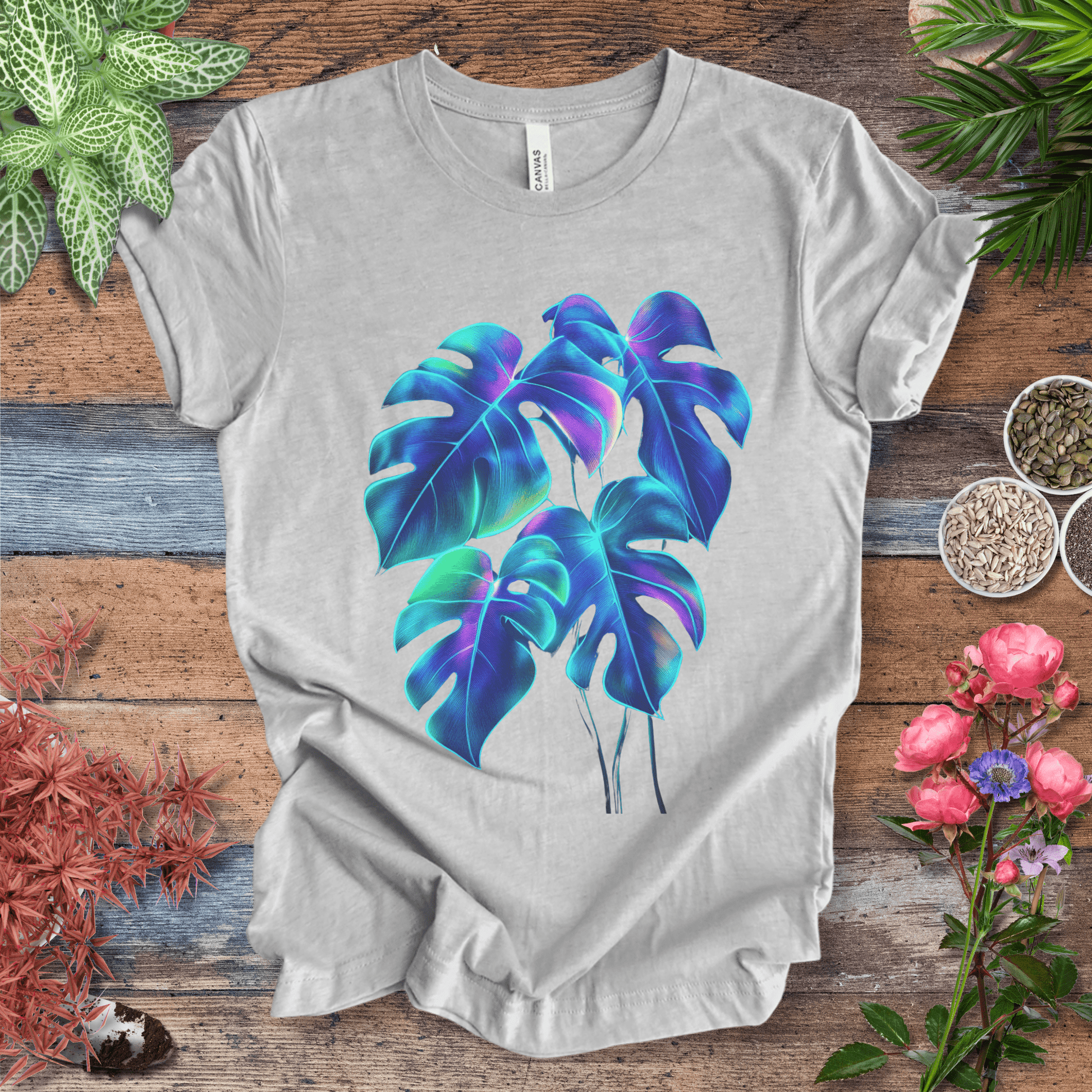 Printify T-Shirt Athletic Heather / S Neon Rainbow Monstera Jungle Aesthetic Plant Lover T-Shirt