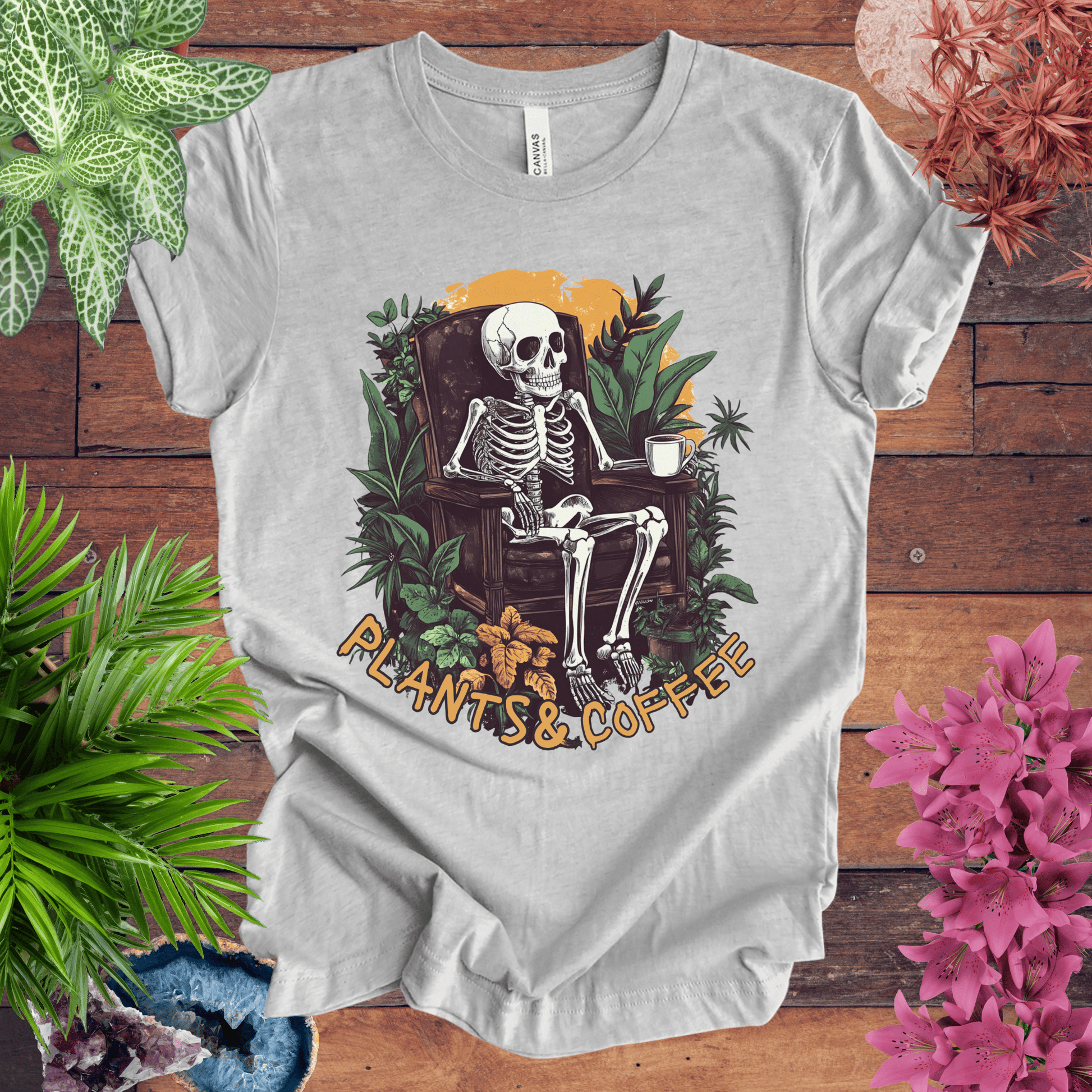 Printify T-Shirt Athletic Heather / S Plants & Coffee Skeleton T-Shirt