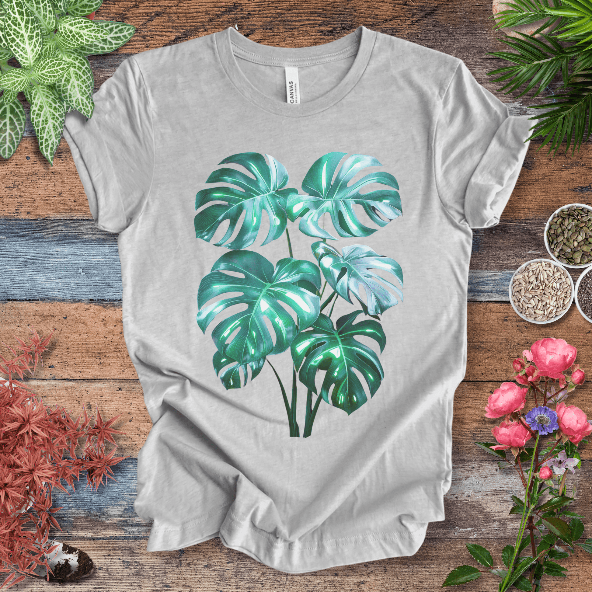 Printify T-Shirt Athletic Heather / S Shiny Monstera Leaf Jungle Aesthetic Plant Lover T-Shirt
