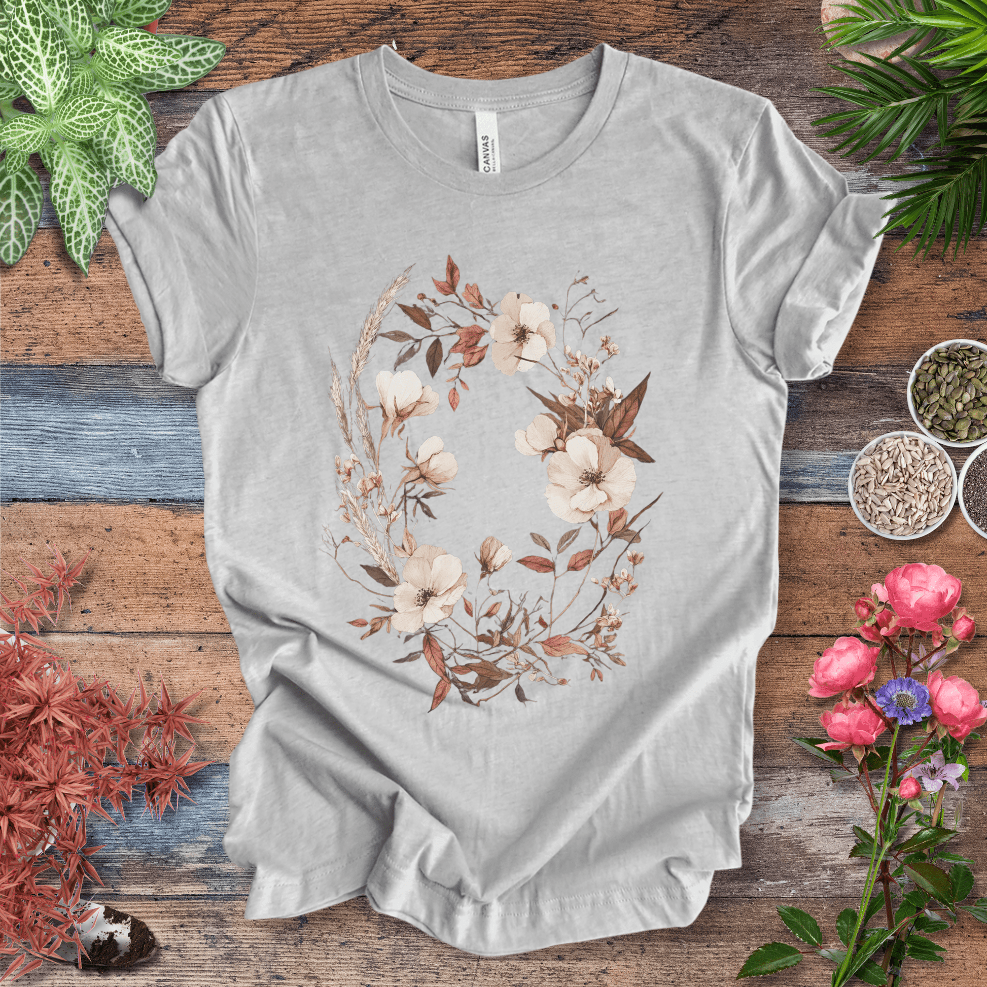 Printify T-Shirt Athletic Heather / S Vintage Floral Wreath Botanical T-Shirt