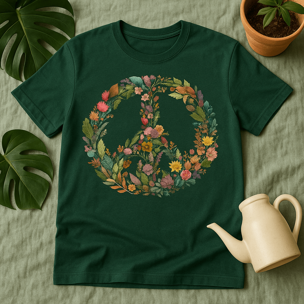 Printify T-Shirt Autumn Floral Peace Wreath Tee – Fall Color Botanical T-Shirt | Sustainable Garden Lover Shirt | Plant Parent Gift