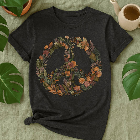 Printify T-Shirt Autumn Floral Peace Wreath Tee – Fall Color Botanical T-Shirt | Sustainable Garden Lover Shirt | Plant Parent Gift