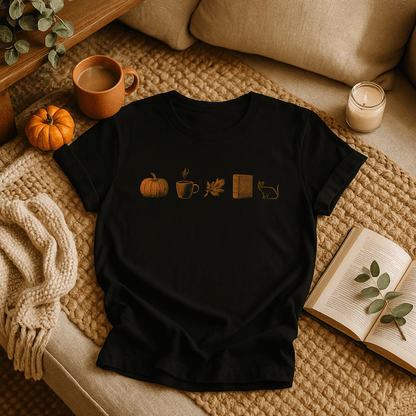 Printify T-Shirt Autumn Icons Row Shirt – Pumpkin Coffee Leaf Book Cat | Unisex Cotton