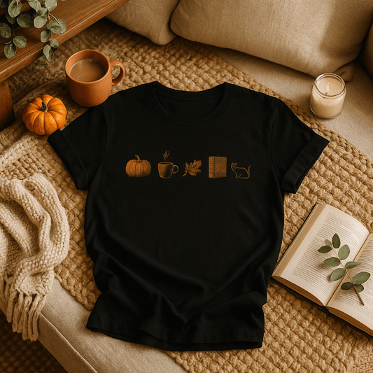 Printify T-Shirt Autumn Icons Row Shirt – Pumpkin Coffee Leaf Book Cat | Unisex Cotton