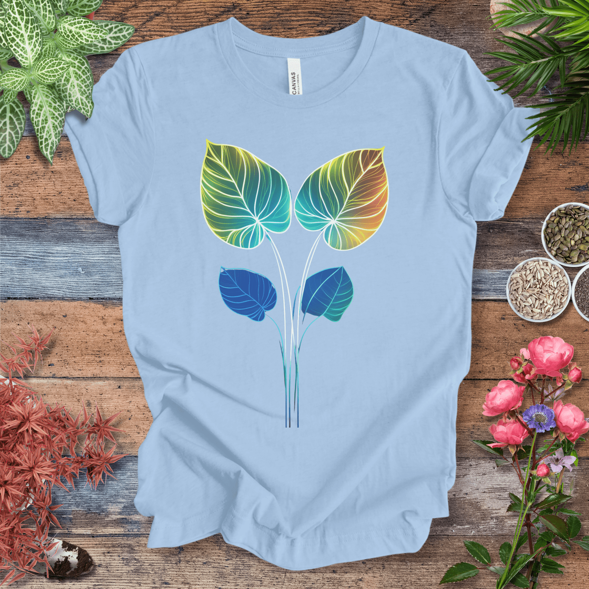 Printify T-Shirt Baby Blue / S Glowing Futuristic Leaves Botanical Nature Lover T-Shirt