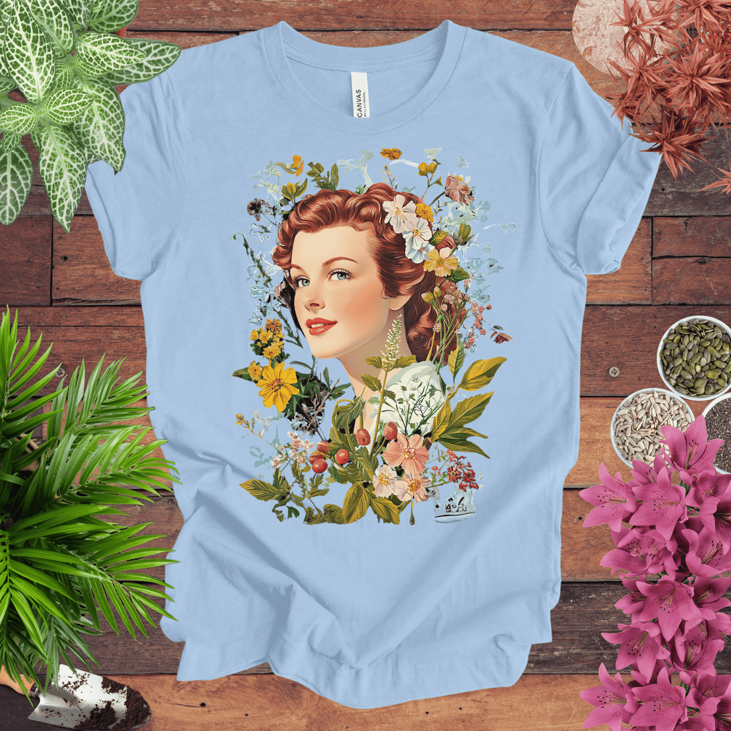 Printify T-Shirt Baby Blue / S Vintage Floral Portrait T-Shirt