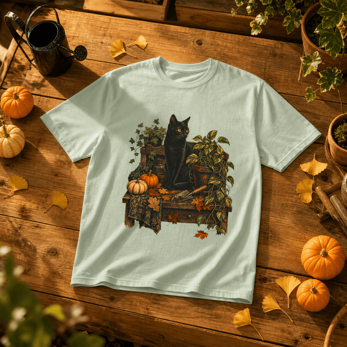 Botanical Vibes T-Shirt Bay / S Black Cat Potting Bench T-Shirt - Fall Houseplant Art