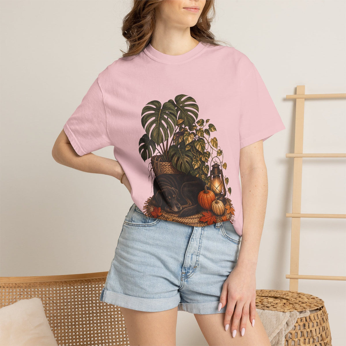 Botanical Vibes T-Shirt Berry / S Cozy Dog and Houseplants T-Shirt - Autumn Plant Art