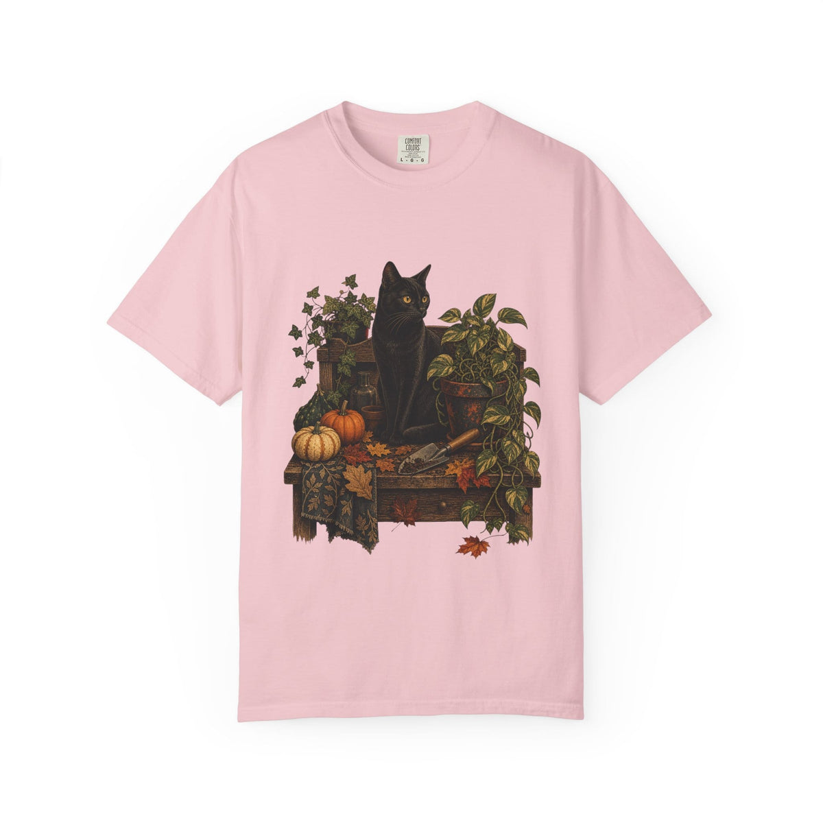 Botanical Vibes T-Shirt Black Cat Potting Bench T-Shirt - Fall Houseplant Art