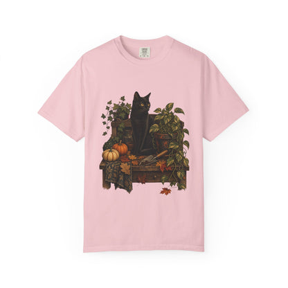 Botanical Vibes T-Shirt Black Cat Potting Bench T-Shirt - Fall Houseplant Art