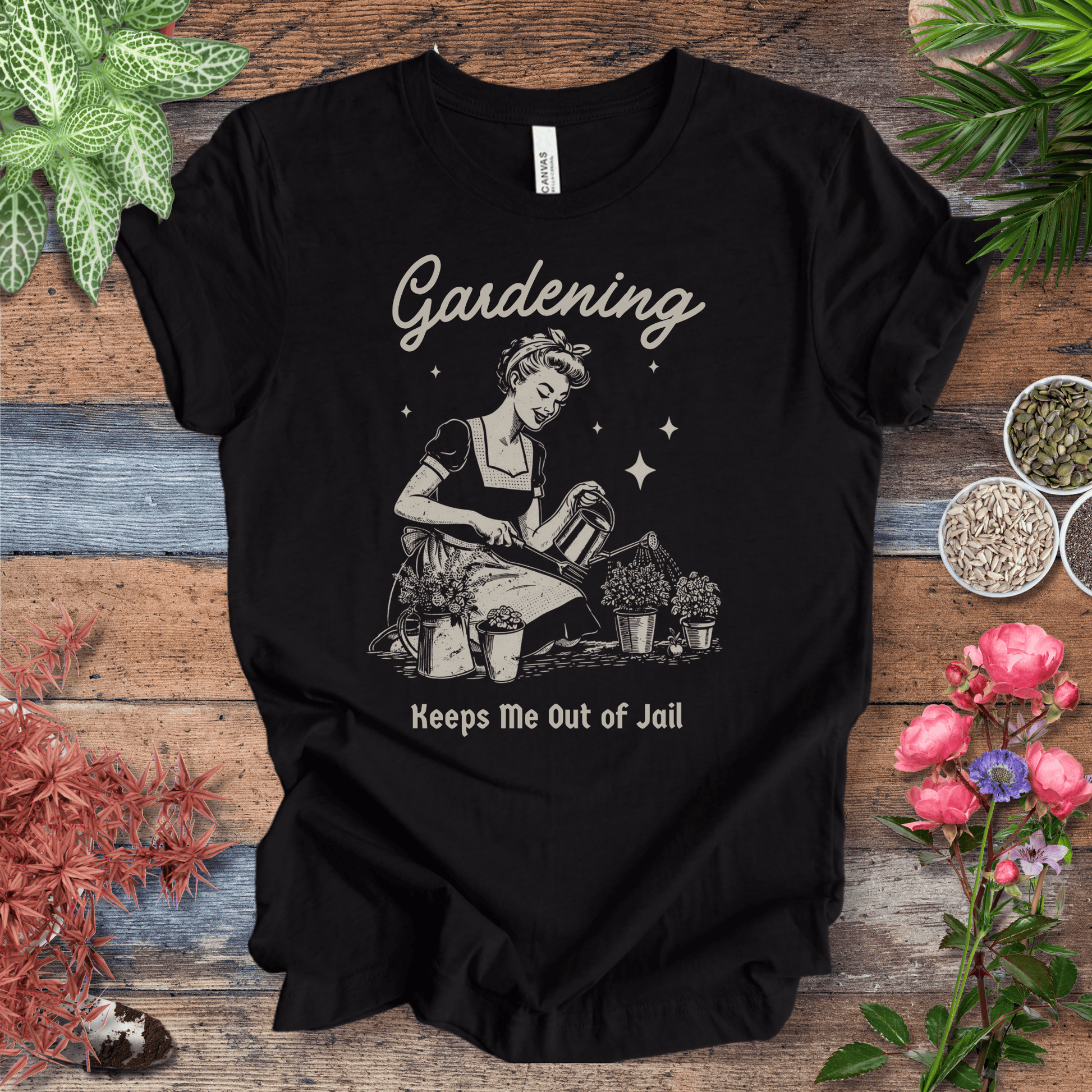 Printify T-Shirt Black Heather / M Gardening T-Shirt – “Keeps Me Out Of Jail” Funny Gardener Tee