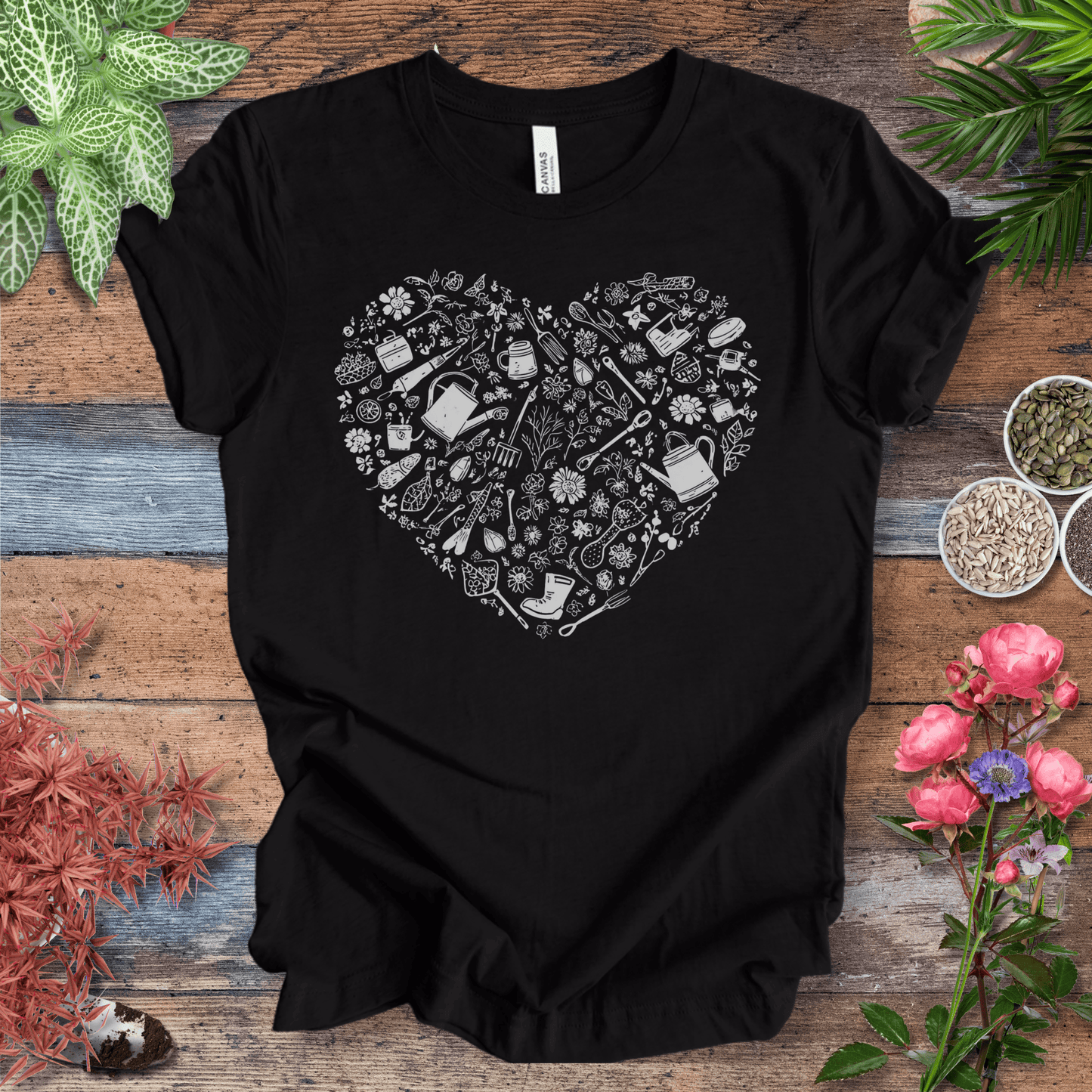 Printify T-Shirt Black Heather / M Gardening Tools T-Shirt – Botanical Garden Tools Heart Graphic Tee