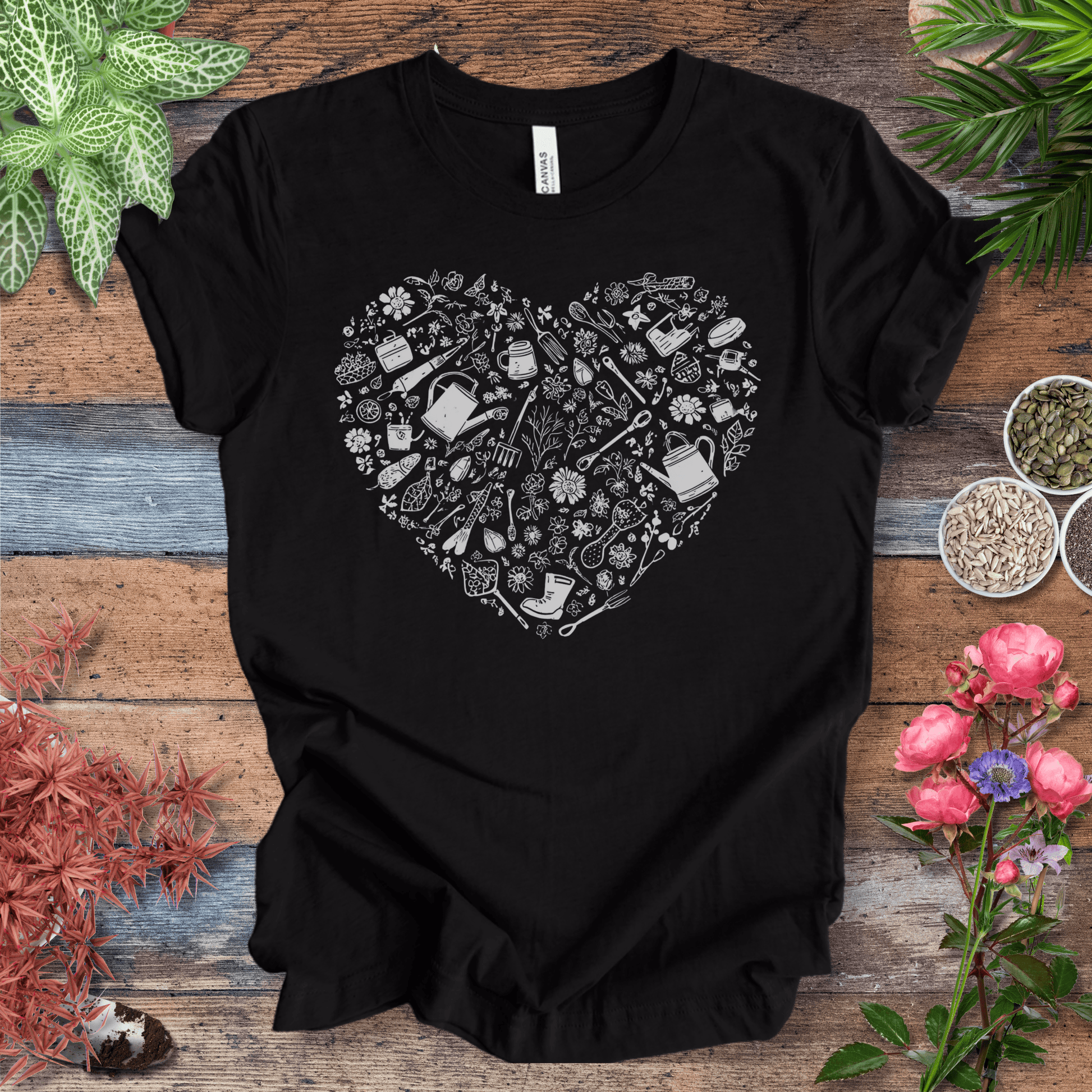 Printify T-Shirt Black Heather / M Gardening Tools T-Shirt – Botanical Garden Tools Heart Graphic Tee