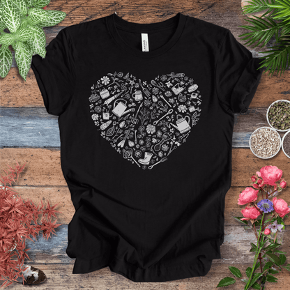 Printify T-Shirt Black Heather / M Gardening Tools T-Shirt – Botanical Garden Tools Heart Graphic Tee