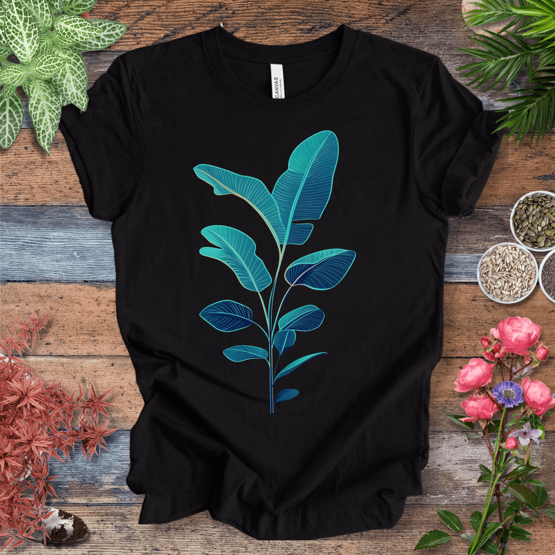 Printify T-Shirt Black Heather / S Blue Monstera Leaves Tropical Aesthetic Houseplant T-Shirt